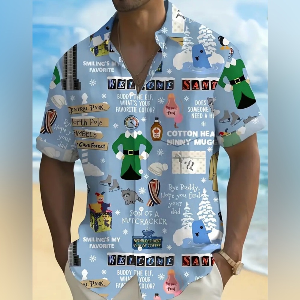 🎄Funny Elf Movie Themed Shirt Button Up Buddy Santa Shirt w Pocket Size Large
